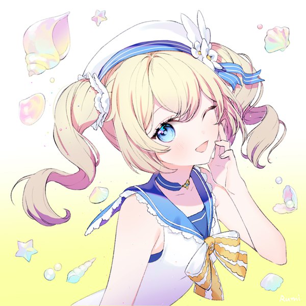 Anime picture 1000x1000 with genshin impact barbara (genshin impact) barbara (summertime sparkle) (genshin impact) rarumi single long hair looking at viewer open mouth blue eyes blonde hair twintails upper body one eye closed official alternate costume drill hair ;d sailor collar girl choker beret