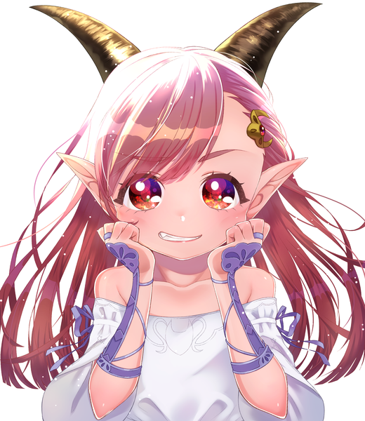 Anime picture 2329x2687 with dragon quest dragon quest x tagme (character) yupiteru single long hair tall image blush fringe highres simple background smile red eyes white background bare shoulders upper body red hair horn (horns) pointy ears off shoulder