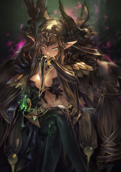 Anime picture 1800x2546 with fate (series) fate/apocrypha semiramis (fate) azomo single tall image looking at viewer fringe highres breasts light erotic brown hair large breasts sitting holding signed yellow eyes cleavage very long hair pointy ears