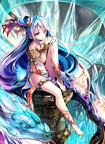 Anime picture 1445x1975 with original sho (runatic moon) long hair tall image light erotic red eyes sitting bare shoulders blue hair looking away pink hair purple hair bent knee (knees) barefoot horn (horns) from above bare legs sparkle tattoo no shoes