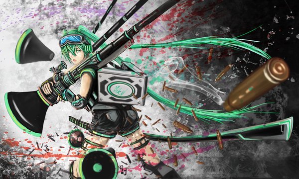 Anime picture 4300x2583 with vocaloid hatsune miku long hair highres wide image twintails green eyes absurdres green hair girl weapon glasses shorts megaphone