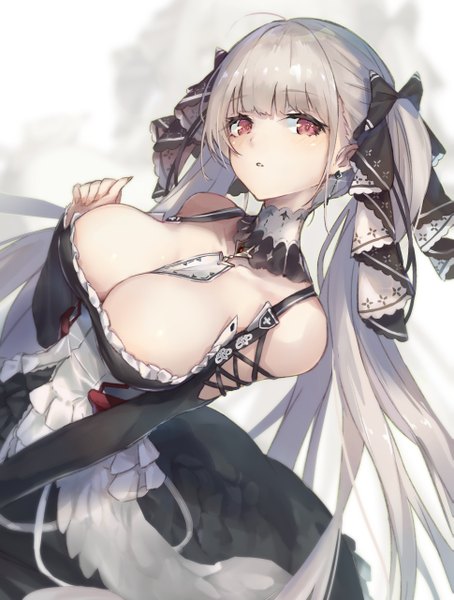 Anime picture 1938x2560 with azur lane formidable (azur lane) cruel gz single long hair tall image looking at viewer blush fringe highres breasts light erotic simple background red eyes large breasts standing white background twintails bare shoulders ahoge