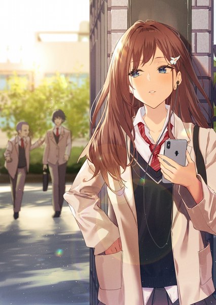 Anime picture 909x1280 with original haru (hiyori-kohal) long hair tall image blush fringe short hair blue eyes black hair brown hair standing holding looking away outdoors long sleeves parted lips blurry open clothes multiple boys solo focus