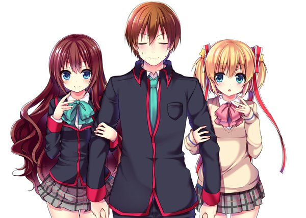 Anime picture 1000x713 with little busters! key (studio) kamikita komari natsume kyousuke a-chan senpai masayu blush short hair open mouth blue eyes simple background blonde hair smile brown hair white background multiple girls eyes closed two side up wavy hair girl