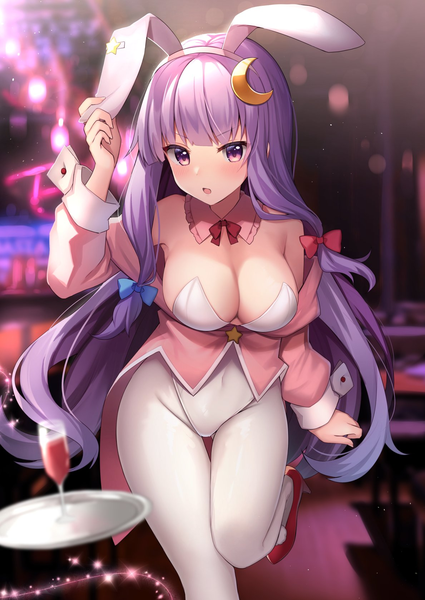 Anime-Bild 1189x1677 mit touhou patchouli knowledge ruhika single long hair tall image looking at viewer blush fringe breasts open mouth light erotic standing purple eyes animal ears purple hair blunt bangs head tilt arm up blurry