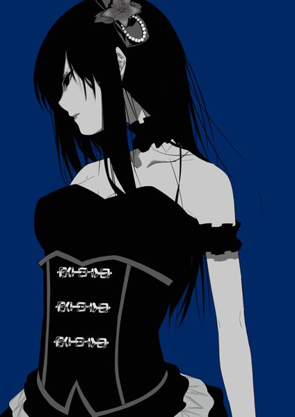 Anime picture 1488x2105 with original mene_a single long hair tall image fringe breasts black hair simple background large breasts bare shoulders looking away black eyes blue background girl dress hair ornament flower (flowers) choker black dress