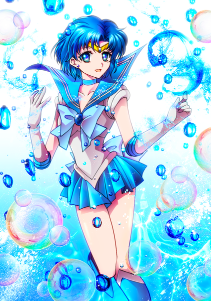 Anime picture 1102x1565 with bishoujo senshi sailor moon toei animation mizuno ami sailor mercury tsukasaki ryouko single tall image looking at viewer short hair open mouth blue eyes blue hair magical girl girl gloves earrings choker elbow gloves white gloves knee boots