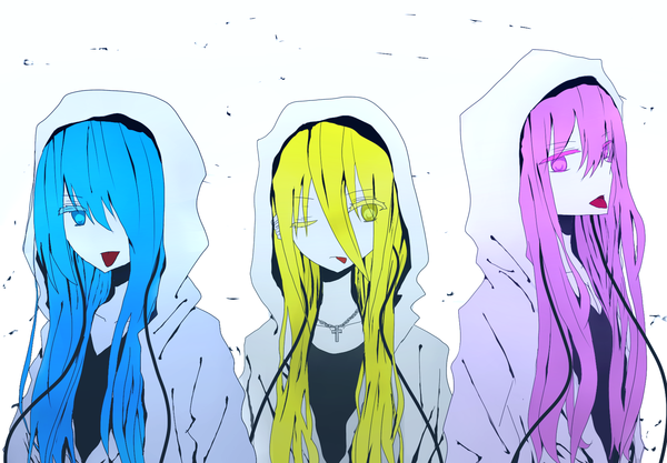 Anime picture 1700x1182 with vocaloid hatsune miku megurine luka lily (vocaloid) long hair fringe simple background blonde hair white background multiple girls yellow eyes pink hair one eye closed pink eyes aqua eyes wink hair over one eye aqua hair girl tongue