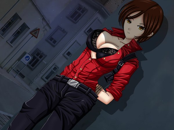 Anime picture 1024x768 with resident evil ada wong short hair breasts light erotic brown hair brown eyes yellow eyes looking away open clothes huge breasts hand in pocket girl shirt building (buildings)