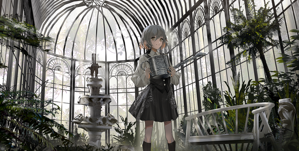 Anime picture 2000x1014 with original swav single fringe highres short hair hair between eyes wide image standing holding indoors long sleeves pleated skirt grey hair grey eyes girl skirt plant (plants) shirt white shirt