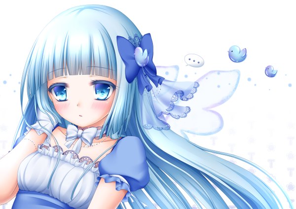 Anime picture 1273x900 with original shitou single long hair looking at viewer blush blue eyes simple background white background blue hair girl dress gloves hair ornament bow hair bow