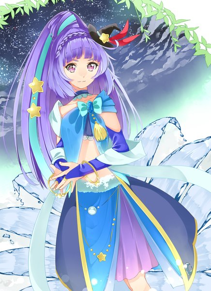 Anime picture 1346x1852 with precure mahou girls precure! toei animation izayoi riko cure magical cure magical (sapphire style) yuutarou (fukiiincho) single long hair tall image fringe purple eyes purple hair ponytail midriff magical girl girl hair ornament hat water