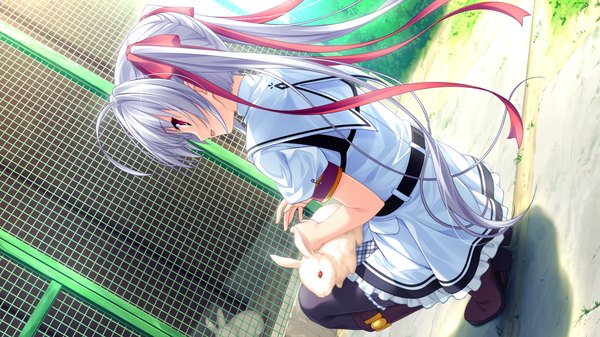 Anime picture 1280x720 with natsu no iro no nostalgia moonstone maniwa shouko yamakaze ran single long hair looking at viewer open mouth red eyes wide image twintails game cg ahoge looking back shadow squat girl uniform ribbon (ribbons) bow