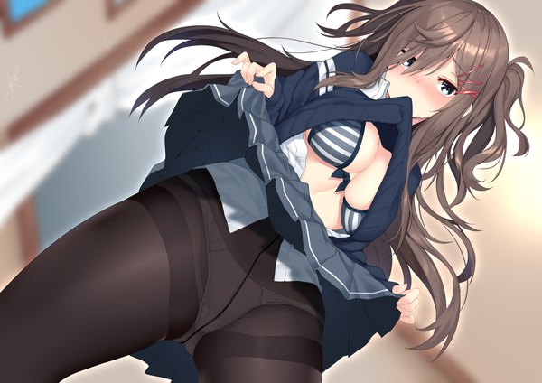 Anime picture 4093x2894 with original nebusoku single long hair looking at viewer blush fringe highres breasts blue eyes light erotic hair between eyes brown hair holding absurdres cleavage indoors pleated skirt blurry hair over one eye