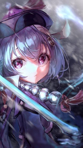 Anime picture 2160x3840 with genshin impact qiqi (genshin impact) yu hydra single tall image looking at viewer fringe highres short hair hair between eyes purple eyes purple hair upper body girl weapon hat sword
