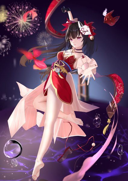 Anime picture 4341x6140 with honkai: star rail honkai (series) sparkle (honkai: star rail) eternal1223 single long hair tall image looking at viewer fringe highres breasts black hair twintails bare shoulders absurdres full body blunt bangs pink eyes barefoot night