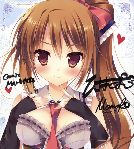 Anime picture 2261x2523 with hisama kumako long hair tall image looking at viewer blush highres light erotic smile brown hair brown eyes signed ponytail side ponytail girl bow hair bow necktie lingerie bra