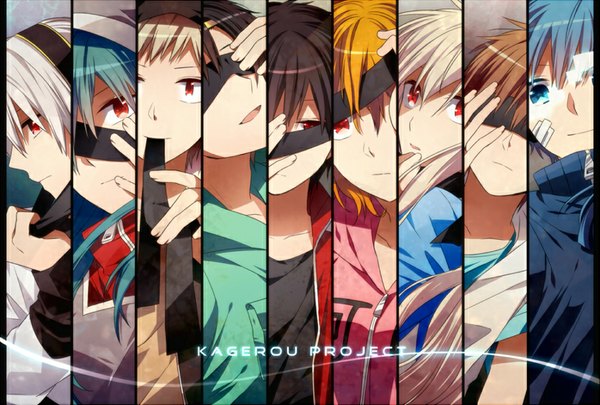 Anime picture 880x594 with kagerou project shaft (studio) mary (kagerou project) ene (kagerou project) kisaragi shintarou kido tsubomi kano shuuya kisaragi momo konoha (kagerou project) seto kousuke amamiya hibiya bshi edayo long hair looking at viewer short hair open mouth blue eyes black hair blonde hair smile