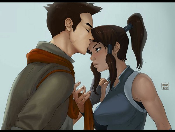 Anime picture 1000x752 with avatar: the legend of korra korra mako dandon fuga long hair short hair breasts blue eyes simple background brown hair signed eyes closed profile lips realistic couple blue background kiss forehead kiss girl