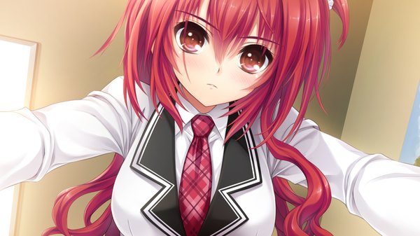 Anime picture 1280x720 with semiramis no tenbin kamio ami single long hair looking at viewer red eyes wide image game cg red hair girl uniform school uniform necktie