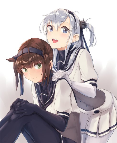Anime picture 1200x1468 with kantai collection hatsuzuki destroyer suzutsuki (kancolle) hiiragii (hiiragi 0404) long hair tall image looking at viewer short hair open mouth blue eyes brown hair multiple girls green eyes silver hair :d one side up hand on another's shoulder girl gloves uniform