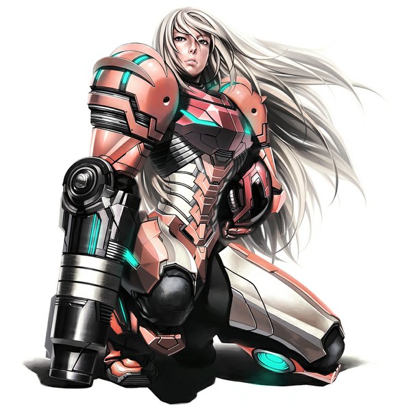 Anime picture 1000x1000 with metroid original iwai ryo single long hair blue eyes simple background white background white hair mecha musume mechanical parts girl varia suit