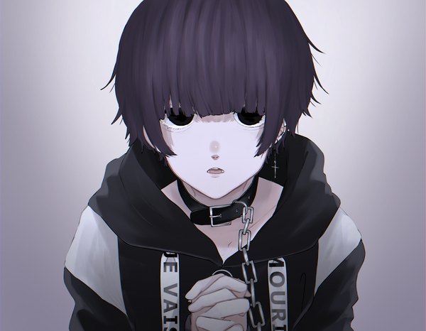 Anime picture 2126x1654 with original 402 (o0 xxx) single looking at viewer fringe highres short hair open mouth black hair simple background hair between eyes upper body blunt bangs black eyes grey background piercing ear piercing hands clasped clothes writing interlocked fingers