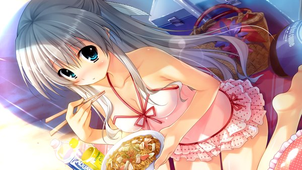 Anime picture 1280x720 with koi iro marriage luriastis t mikuriya chikotam long hair looking at viewer blush blue eyes wide image game cg white hair eating girl swimsuit food