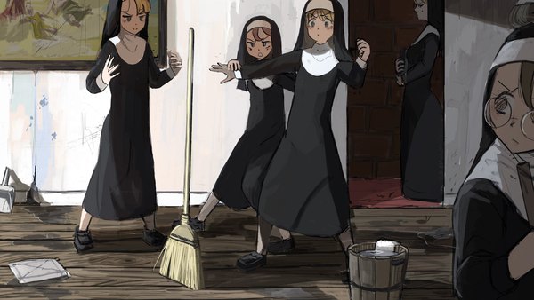 Anime-Bild 2048x1152 mit little nuns (diva) protagonist nun (diva) scowly nun (diva) glasses nun (diva) half-bang nun (diva) hook-bang nun (diva) diva (hyxpk) fringe highres blonde hair brown hair wide image standing multiple girls looking away full body indoors looking back grey eyes outstretched arm