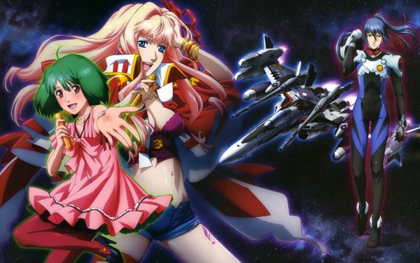 Anime picture 2560x1600 with macross macross frontier sheryl nome ranka lee saotome alto highres wide image space mecha