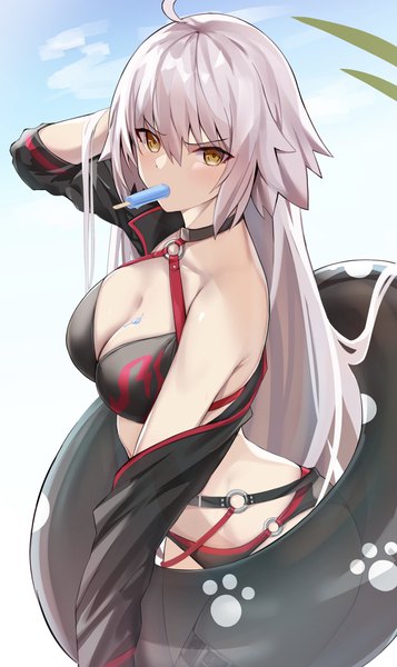 Anime picture 2444x4103 with fate (series) fate/grand order jeanne d'arc (fate) (all) jeanne d'arc alter (fate) jeanne d'arc alter (swimsuit berserker) (fate) bee doushi single long hair tall image looking at viewer blush fringe highres breasts light erotic simple background hair between eyes large breasts holding yellow eyes