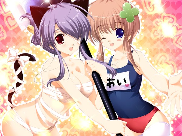 Anime picture 1600x1200 with mikeou light erotic animal ears teeth cat girl fang (fangs) girl thighhighs uniform swimsuit one-piece swimsuit gym uniform school swimsuit buruma