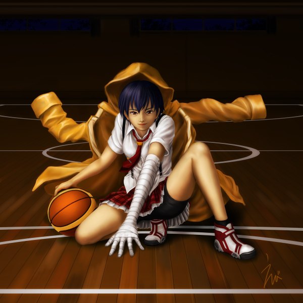 Anime picture 1200x1200 with bakemonogatari shaft (studio) monogatari (series) kanbaru suruga ebi (eeotoko) single short hair black hair red eyes realistic basketball girl skirt miniskirt shirt necktie shoes jacket bandage (bandages)