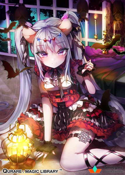 Anime picture 1500x2100 with qurare: magic library kanola u single tall image looking at viewer blush fringe smile hair between eyes sitting twintails animal ears payot silver hair ahoge bent knee (knees) indoors very long hair nail polish pink eyes