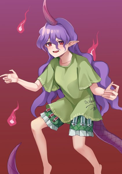 Anime picture 2222x3169 with touhou tenkajin chiyari koizumo single long hair tall image fringe highres open mouth simple background hair between eyes red eyes purple hair tail :d barefoot horn (horns) pointy ears bare legs gradient background