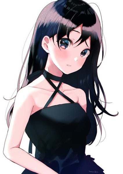 Anime picture 724x1024 with original hanako151 single long hair tall image looking at viewer blush fringe breasts blue eyes black hair simple background hair between eyes standing white background bare shoulders signed upper body parted lips head tilt