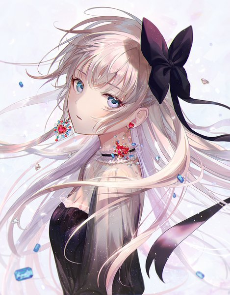Anime picture 1000x1277 with original daby single long hair tall image looking at viewer fringe breasts blue eyes blonde hair payot upper body parted lips head tilt blurry floating hair broken girl bow hair bow