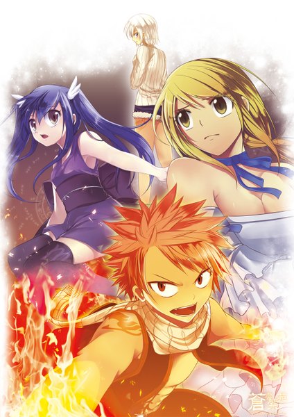 Anime picture 1000x1414 with fairy tail lucy heartfilia natsu dragneel wendy marvell lisanna strauss achiba (artist) long hair tall image short hair open mouth simple background blonde hair purple eyes twintails bare shoulders multiple girls yellow eyes pink hair white hair looking back