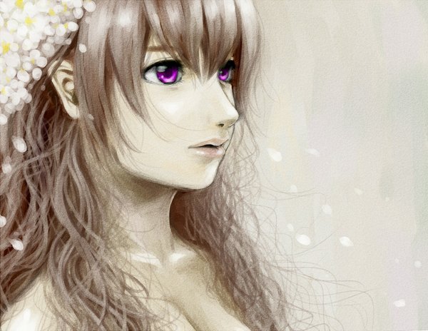 Anime picture 1103x854 with original vesper (artist) single long hair simple background brown hair purple eyes lips face girl flower (flowers) petals