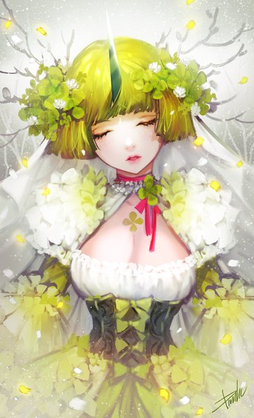 Anime picture 800x1316 with original danhu single tall image short hair breasts signed cleavage parted lips head tilt hair flower horn (horns) lips girl flower (flowers) plant (plants) petals