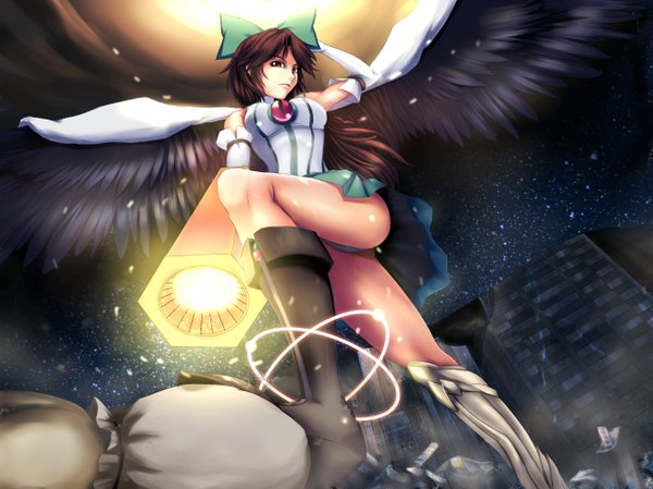 Anime picture 2667x2000 with touhou reiuji utsuho ti-tang single long hair looking at viewer blush highres light erotic black hair bare shoulders looking down black wings starry sky print arm cannon girl skirt gloves underwear panties
