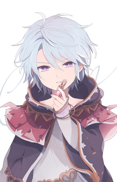 Anime picture 768x1200 with granblue fantasy caim (granblue fantasy) kuriwooo single tall image fringe short hair simple background hair between eyes white background purple eyes holding silver hair upper body boy