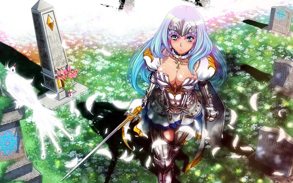Anime picture 1920x1200 with queen's blade single long hair highres breasts light erotic wide image green eyes blue hair cleavage girl animal sword armor bird (birds) collar
