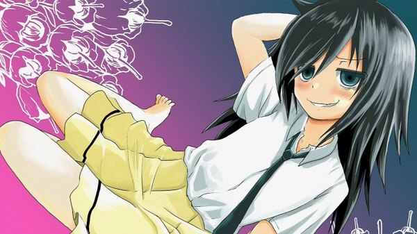 Anime picture 1440x810 with watashi ga motenai no wa dou kangaetemo omaera ga warui! silver link kuroki tomoko single long hair blush open mouth black hair smile wide image green eyes barefoot girl skirt shirt necktie yellow skirt