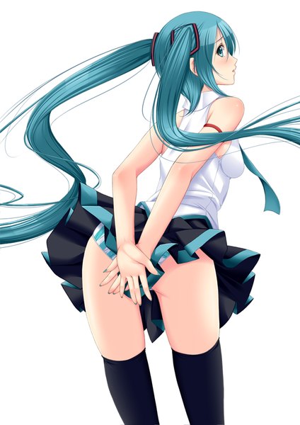 Anime picture 651x921 with vocaloid hatsune miku chiro (pixiv) single tall image blush blue eyes light erotic simple background white background twintails blue hair very long hair looking back pantyshot girl thighhighs skirt underwear panties