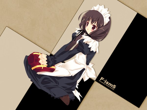 Anime picture 1280x960 with f-ism murakami suigun single long hair blush red eyes brown hair sitting twintails signed looking away full body long sleeves maid low twintails wariza girl ribbon (ribbons) hair ribbon headdress