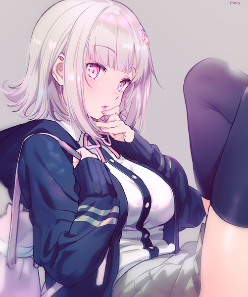 Anime picture 790x946 with dangan ronpa super dangan ronpa 2 nanami chiaki mery (yangmalgage) single tall image looking at viewer blush fringe short hair breasts open mouth simple background signed silver hair blunt bangs nail polish pleated skirt pink eyes fingernails