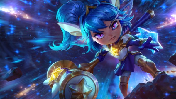 Anime picture 1920x1080 with league of legends poppy (league of legends) star guardian poppy kiu (larckiu) single long hair fringe highres wide image standing twintails purple eyes holding blue hair looking away sky full body light smile lips night