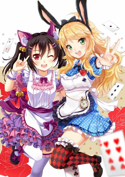 Anime picture 650x919 with idolmaster love live! school idol project sunrise (studio) love live! yazawa nico hoshii miki villyane long hair tall image looking at viewer blush open mouth black hair blonde hair smile red eyes multiple girls green eyes animal ears tail