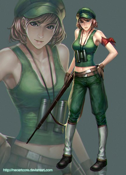 Anime picture 1000x1389 with nudtawut thongmai single tall image looking at viewer short hair brown hair lips realistic silver eyes zoom layer girl gloves navel weapon shoes belt gun t-shirt flat cap